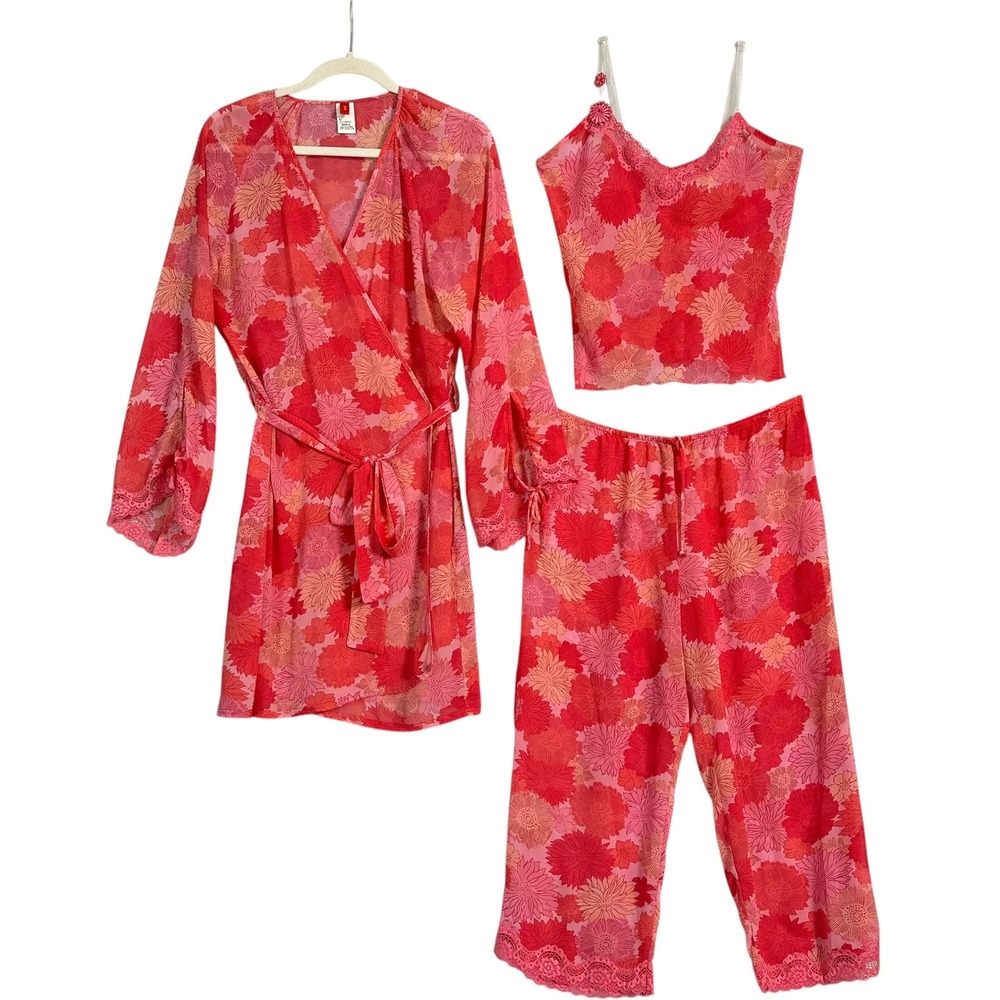 Josie Natori Pajama Set 3pc Robe Cami Crop Pants Floral Bridal Small A92624